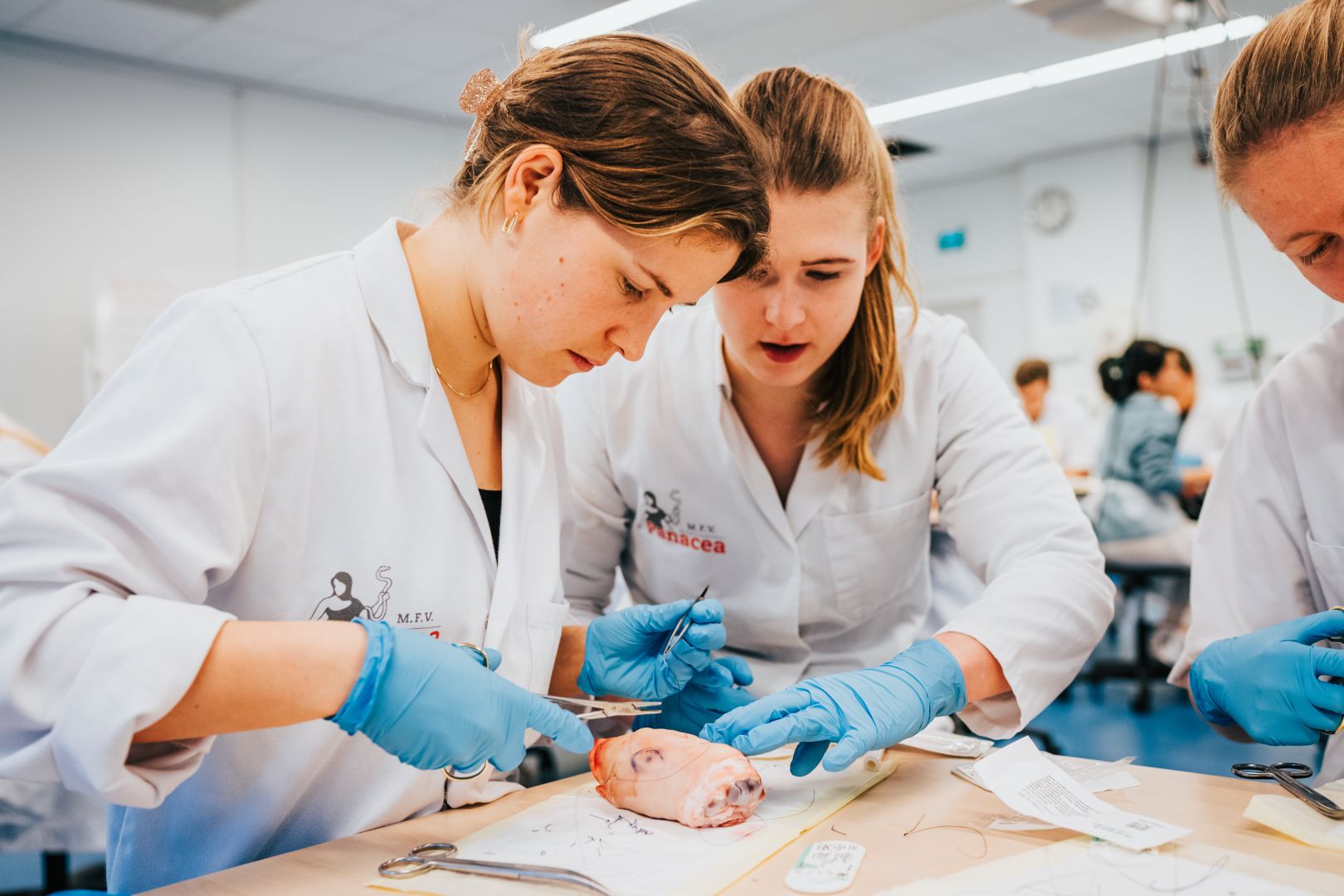 Studenten leren hechten in het simulatiecentrum